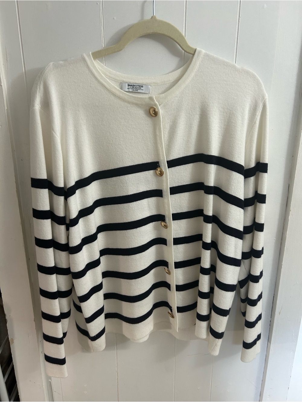 Striped Crewneck Button-Front Sweater - Cream & Black